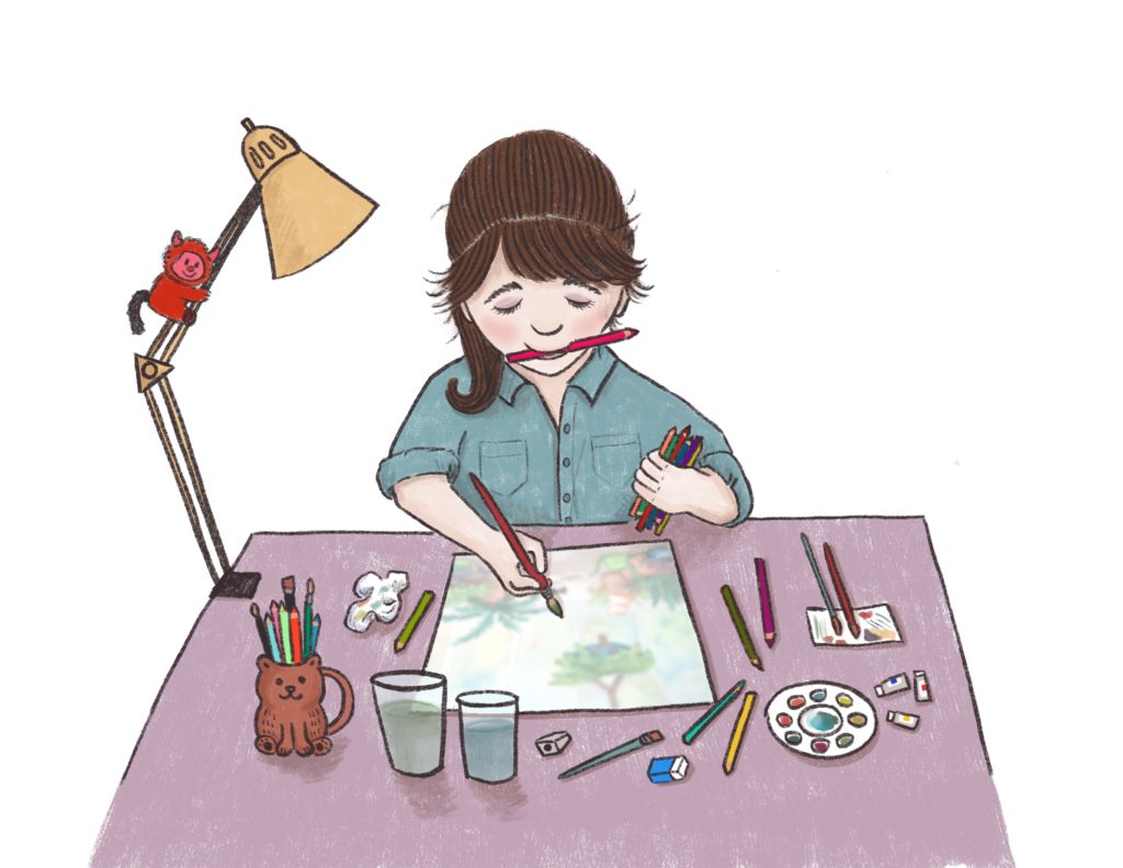 Self portrait of the artist painting at a drafting table covered in art supplies. 